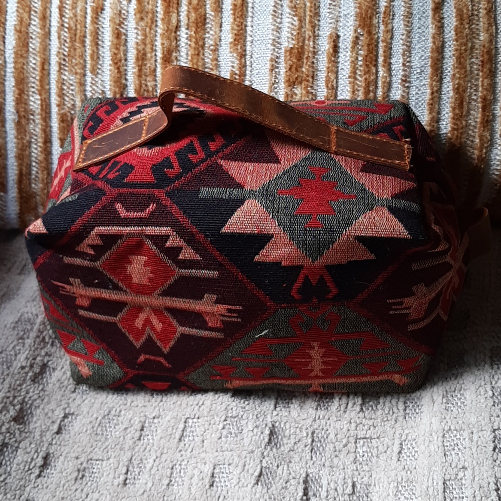 Red boho cotton & leather Rubicons zipping toiletry makeup case bag